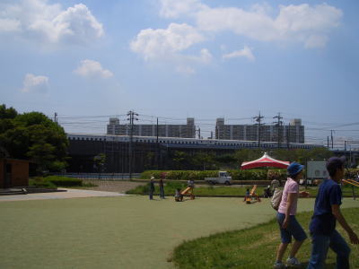 大高緑地公園の横を走る新幹線