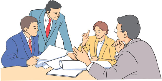 4人のグループになって熱烈討論します。