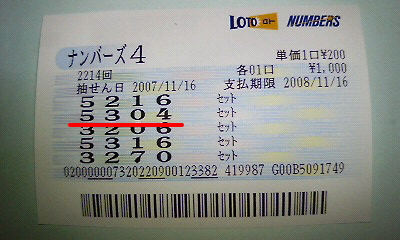 ナンバーズ4・ボックス的中当選券