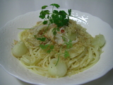 蟹とペコロスのパスタ