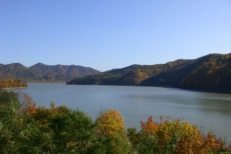 滝里ダムの紅葉風景