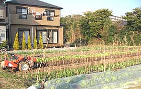 トラクターと畑と家