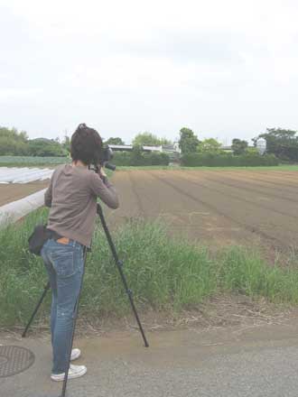 豚舎全景を撮る綾子さん