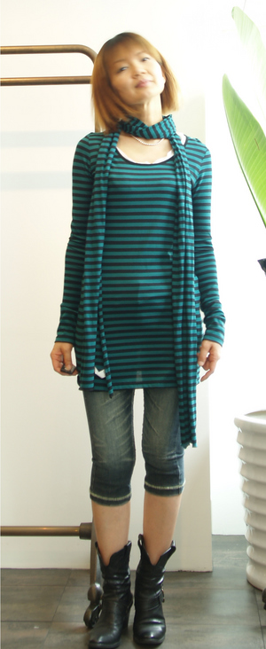 834338\6615 ボーダーTシャツ ロング ターコイス