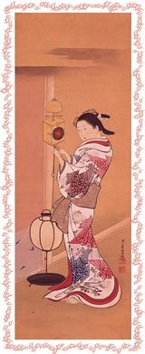 西川祐信の大人のぬり絵 「柱時計と美人図」原画