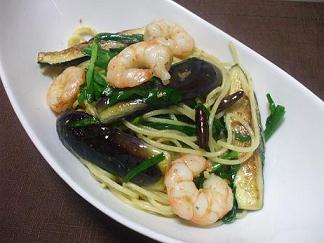 エビとなすの中華パスタ
